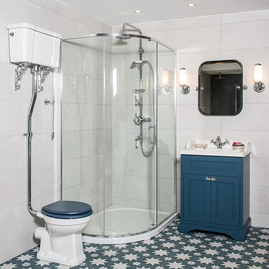 Bay M10, Burlington Bathroom, basin, cistern, toilet, vanity unit,swivel mirror, claremont tap, Stour thermo shower, merlyn shower door-19