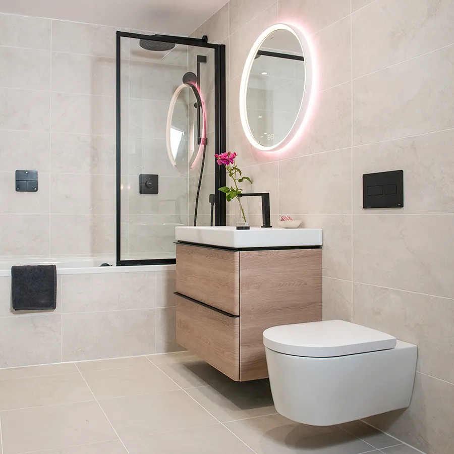 Bay M14, Xarita S Mirror, Xelu Q 800mm 2 draw vanity unit, Bette Ocean bath, Drench Border bath screen,Pulsify S Overhead shower, Bathroom-23