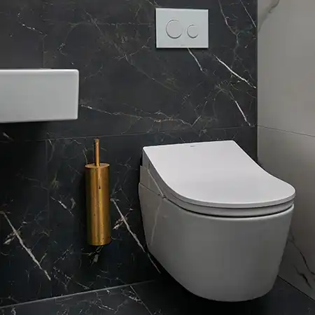 Cloak Room, Designer Chic bay, Samuel Heath brassware, Toto washlet, black, marble tiles